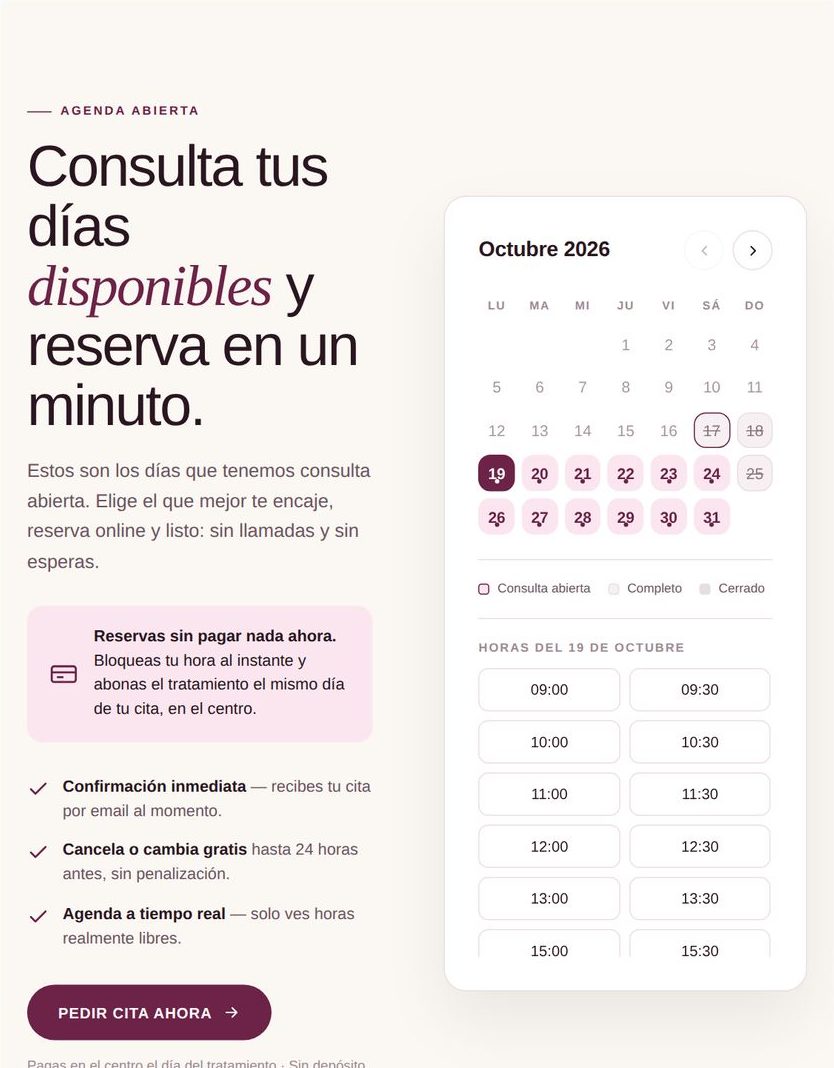 Agenda pública — Un calendario en tu web con los días abiertos y las horas que de verdad quedan libres, antes de entrar a reservar.
