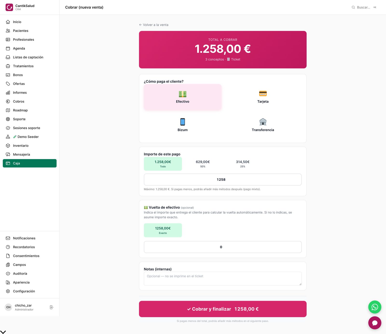 Cobro y pago mixto — Efectivo, tarjeta, Bizum o transferencia. Calcula la vuelta y admite varios métodos en una venta.