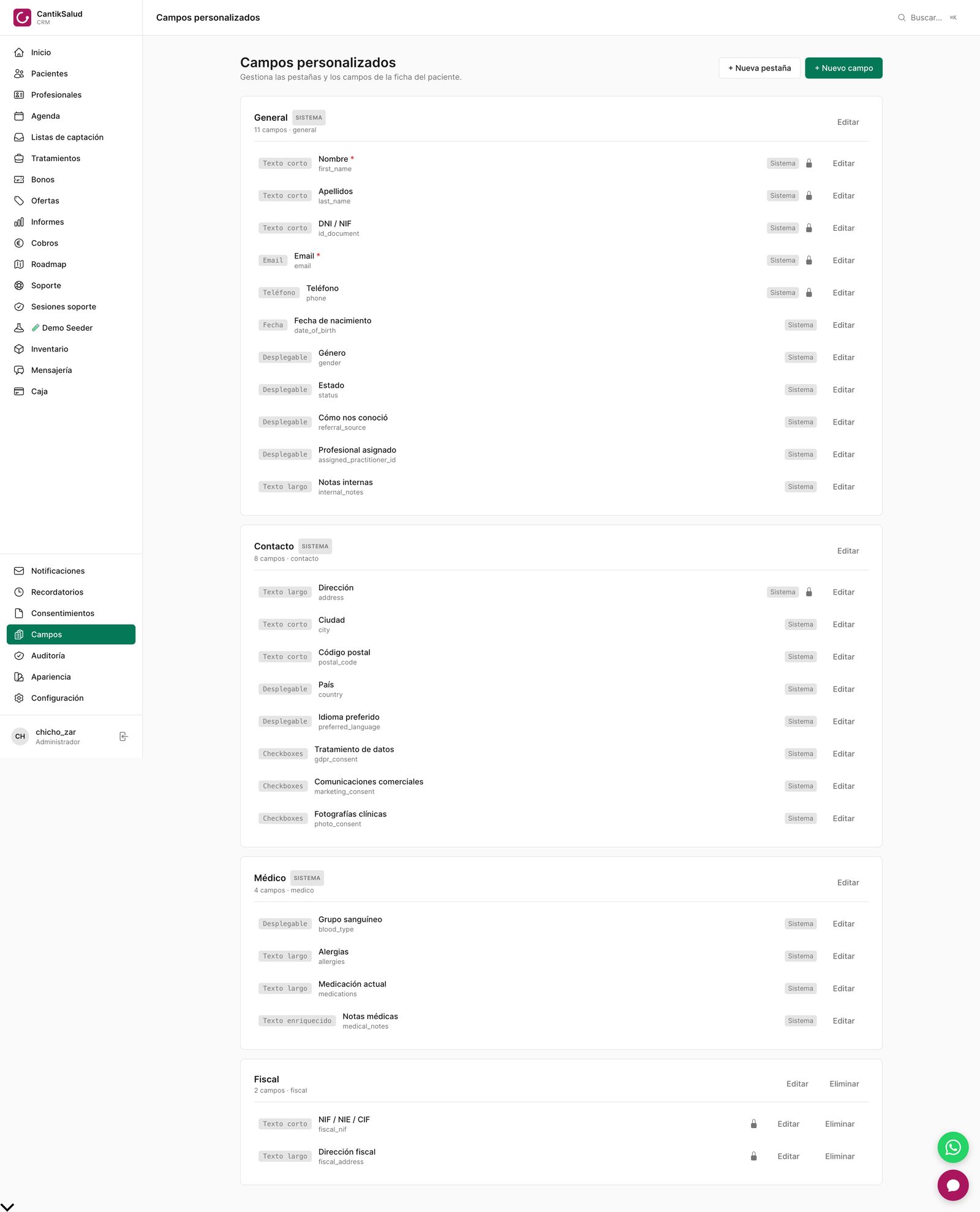 Campos personalizados — Añade pestañas y campos a la ficha: cifrados, clínicos (PHI), buscables o editables por la clienta.