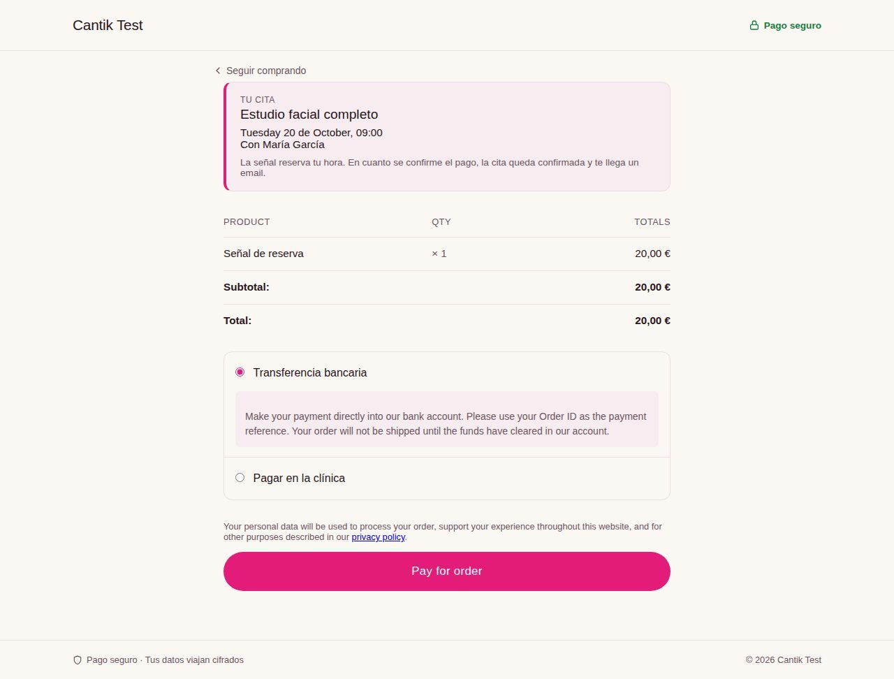 Pago de la señal — Checkout de una sola página con la tarjeta «Tu cita»: tratamiento, día, hora y profesional siempre a la vista.