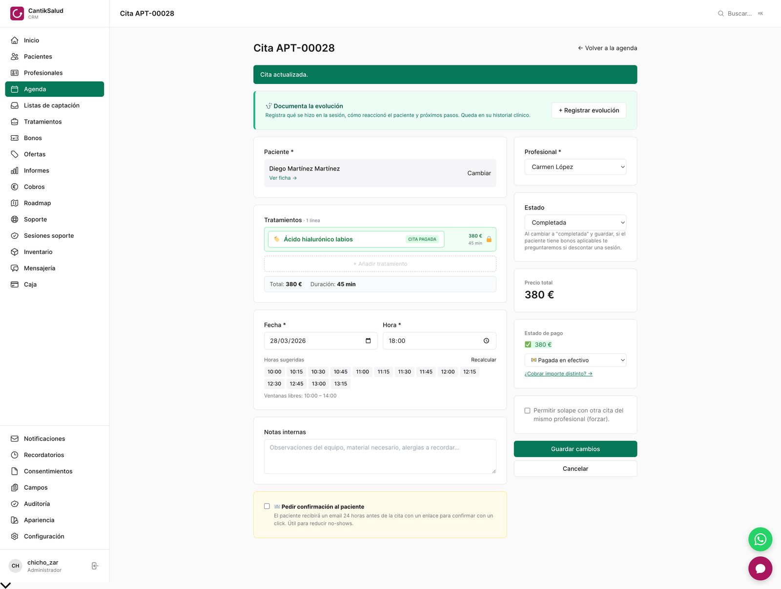 Detalle de cita con varios tratamientos