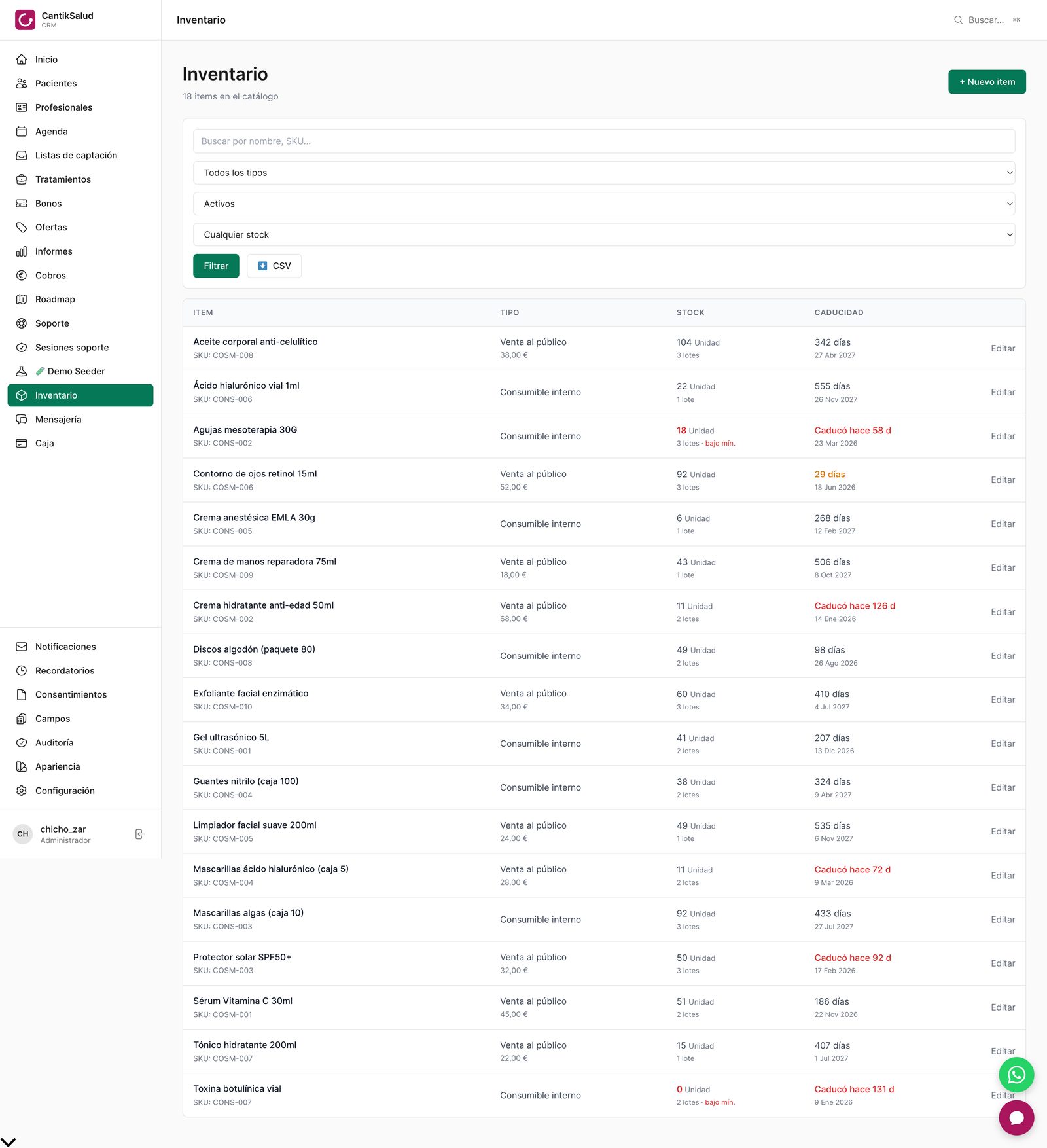 Inventario con lotes — Consumibles y productos de venta, con stock por lote, caducidades y avisos de stock bajo.
