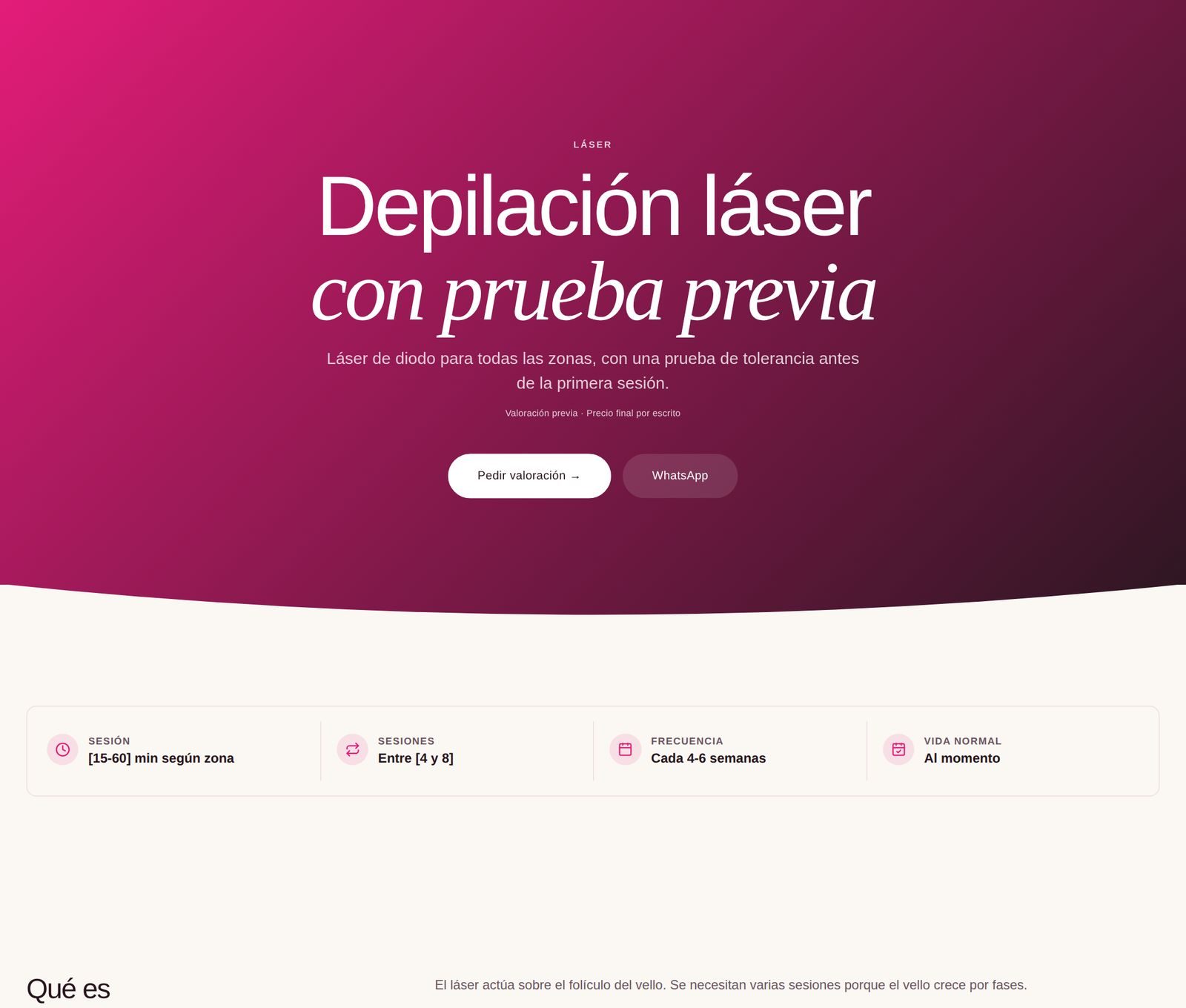 Landing de tratamiento — Cada landing trae cabecera, ficha rápida, para quién es, precios con IVA, preguntas y reserva, con textos que respetan la publicidad sanitaria.