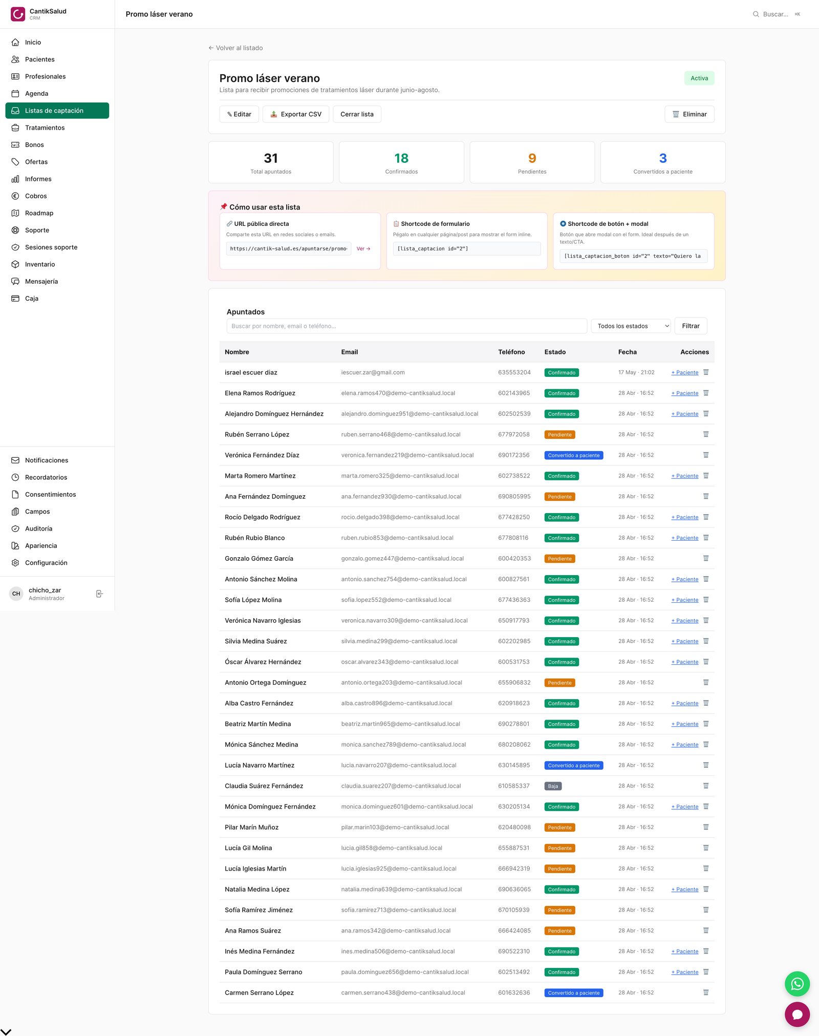 Listas de captación — Formularios con doble opt-in para tu web, con shortcode, URL pública y conversión a clienta.