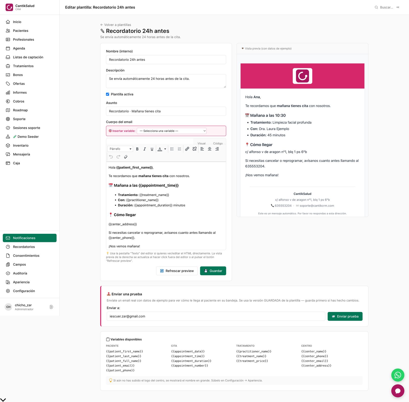 Plantillas de email — Editor con vista previa en vivo, variables de la clienta y de la cita, y envío de prueba.