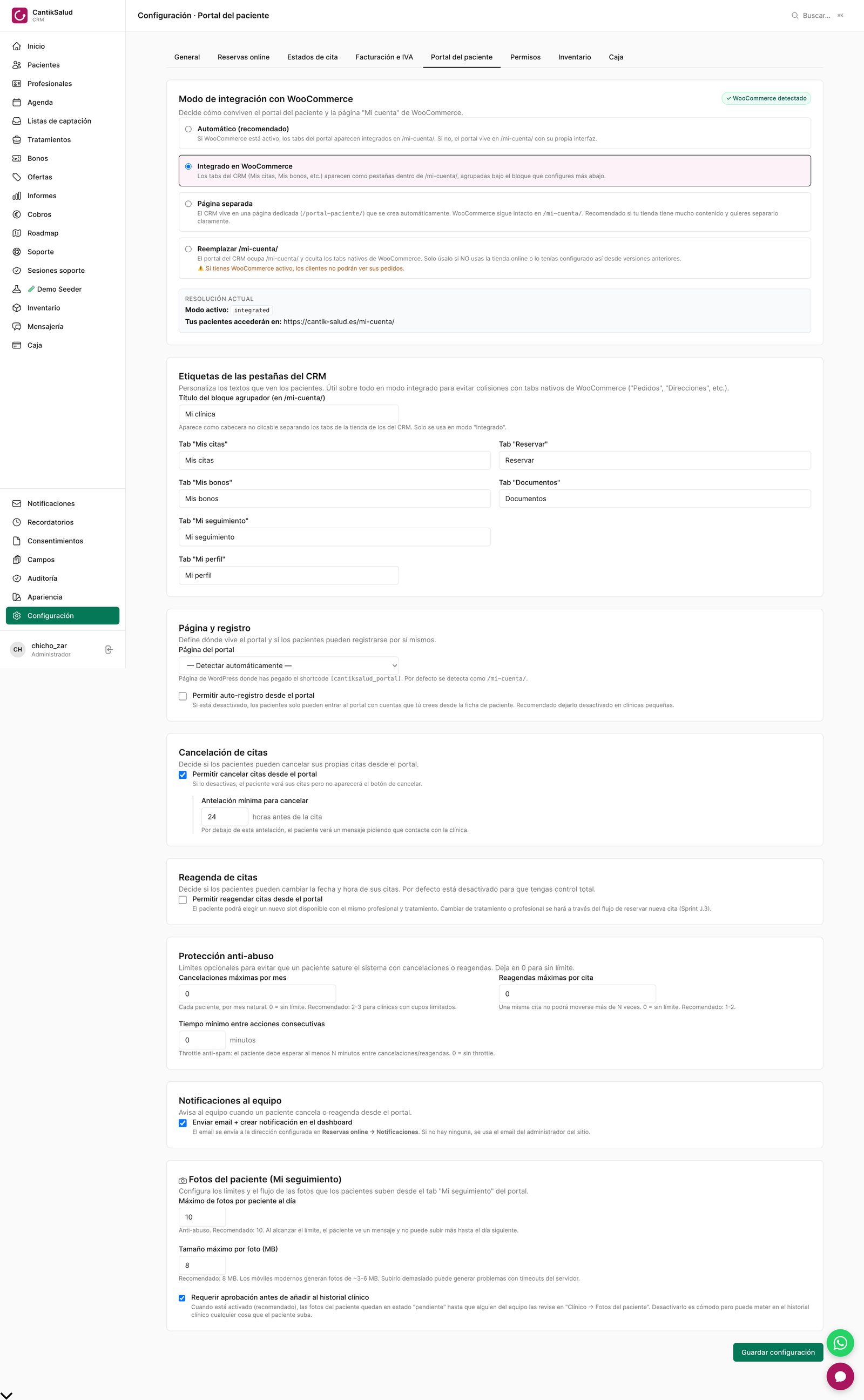 Configuración del portal de la clienta