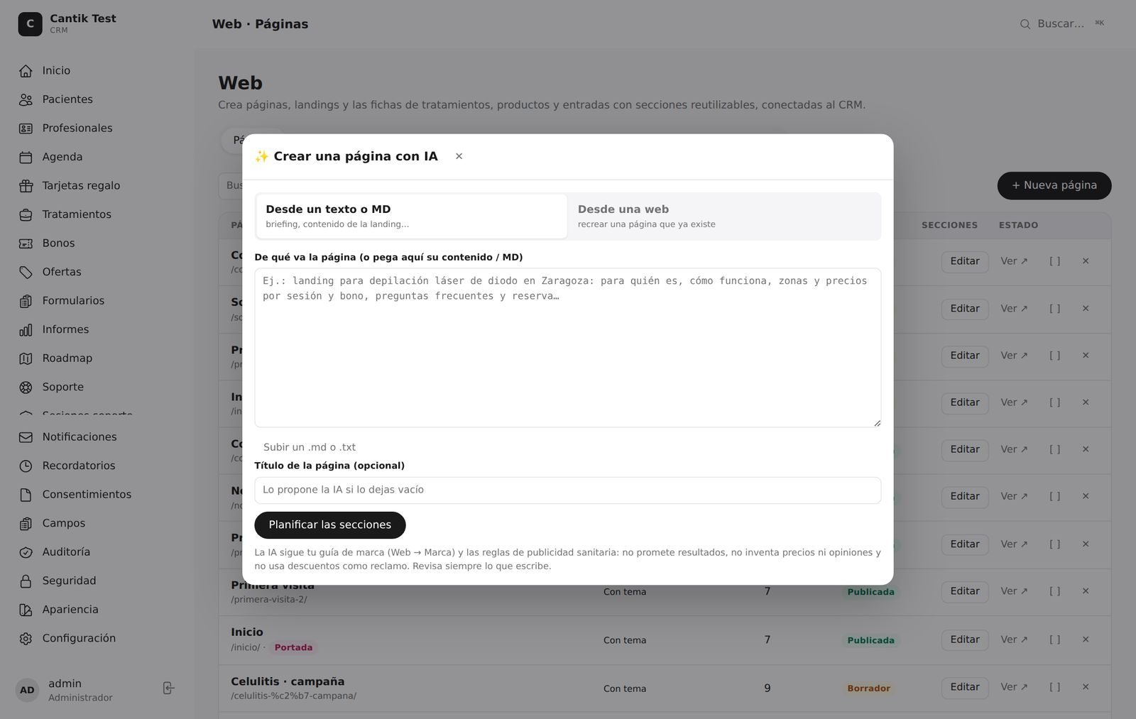 Páginas creadas con IA — Describe la página, pega un briefing o una URL, y la IA la monta con bloques reales y la voz de tu marca.