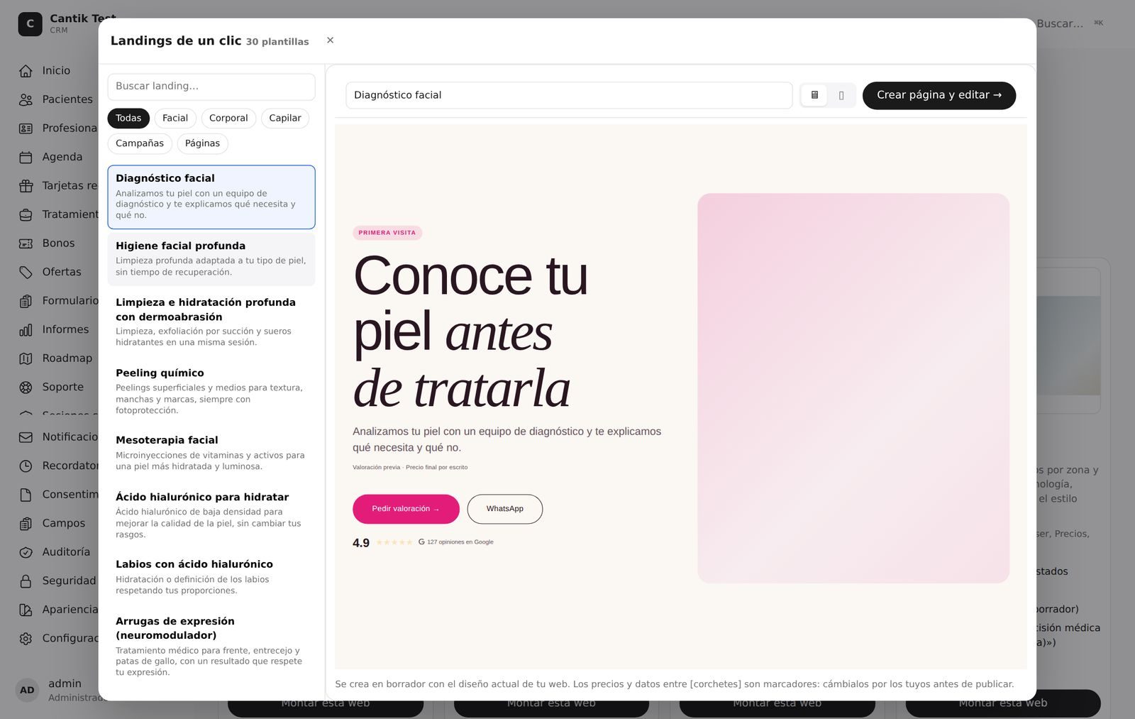 Landings de un clic — 30 landings de tratamientos y campañas (facial, corporal, capilar, novias, primera visita…) con buscador y vista previa.